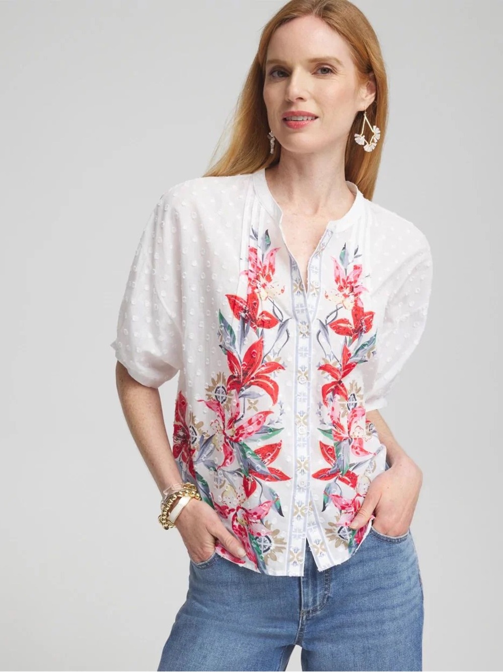 Chico’s Floral Dolman Sleeve Cotton Shirt SZ 3 US 16 Embroidered Button White